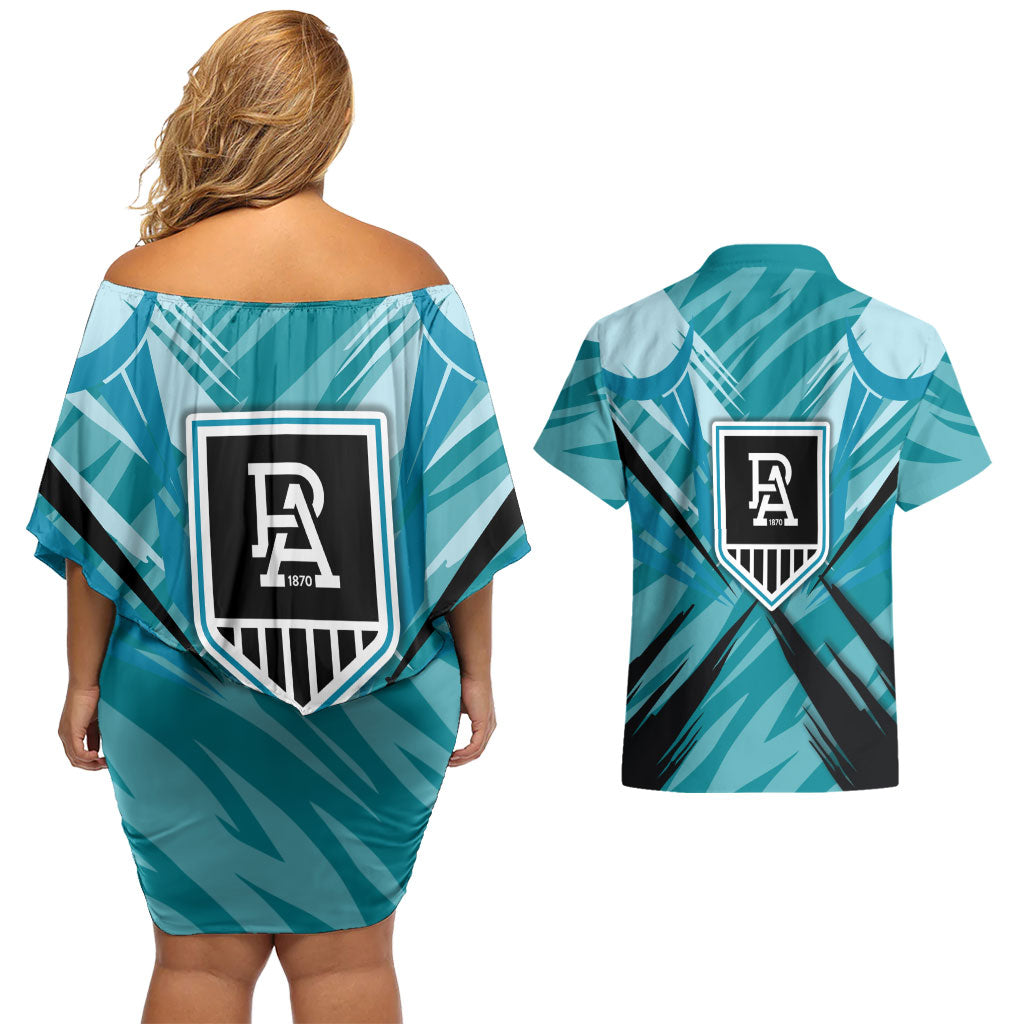 Port Adelaide Power Australian Football Couples Matching Off Shoulder Short Dress and Hawaiian Shirt Powerful Superhero Mascot - Bold Team Colors