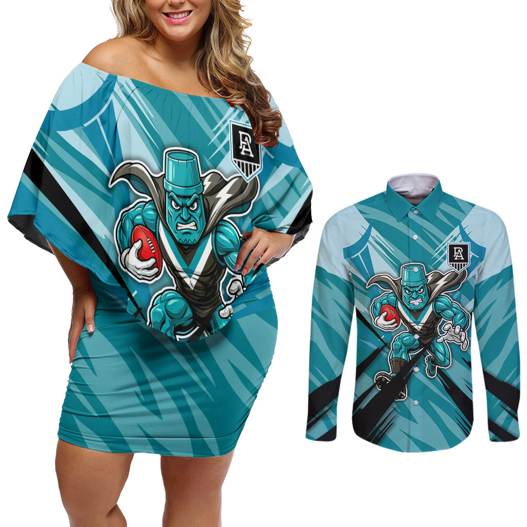 Port Adelaide Power Australian Football Couples Matching Off Shoulder Short Dress and Long Sleeve Button Shirt Powerful Superhero Mascot - Bold Team Colors