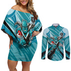Port Adelaide Power Australian Football Couples Matching Off Shoulder Short Dress and Long Sleeve Button Shirt Powerful Superhero Mascot - Bold Team Colors