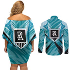 Port Adelaide Power Australian Football Couples Matching Off Shoulder Short Dress and Long Sleeve Button Shirt Powerful Superhero Mascot - Bold Team Colors