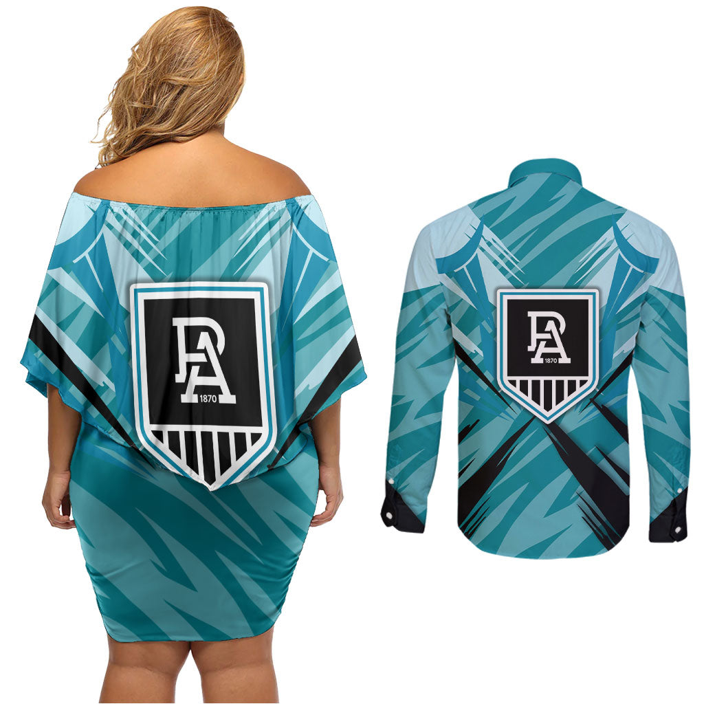 Port Adelaide Power Australian Football Couples Matching Off Shoulder Short Dress and Long Sleeve Button Shirt Powerful Superhero Mascot - Bold Team Colors