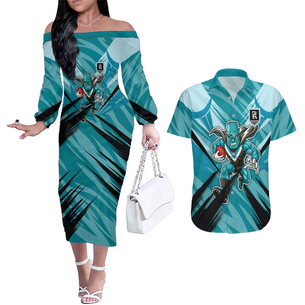 Port Adelaide Power Australian Football Couples Matching Off The Shoulder Long Sleeve Dress and Hawaiian Shirt Powerful Superhero Mascot - Bold Team Colors