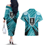 Port Adelaide Power Australian Football Couples Matching Off The Shoulder Long Sleeve Dress and Hawaiian Shirt Powerful Superhero Mascot - Bold Team Colors