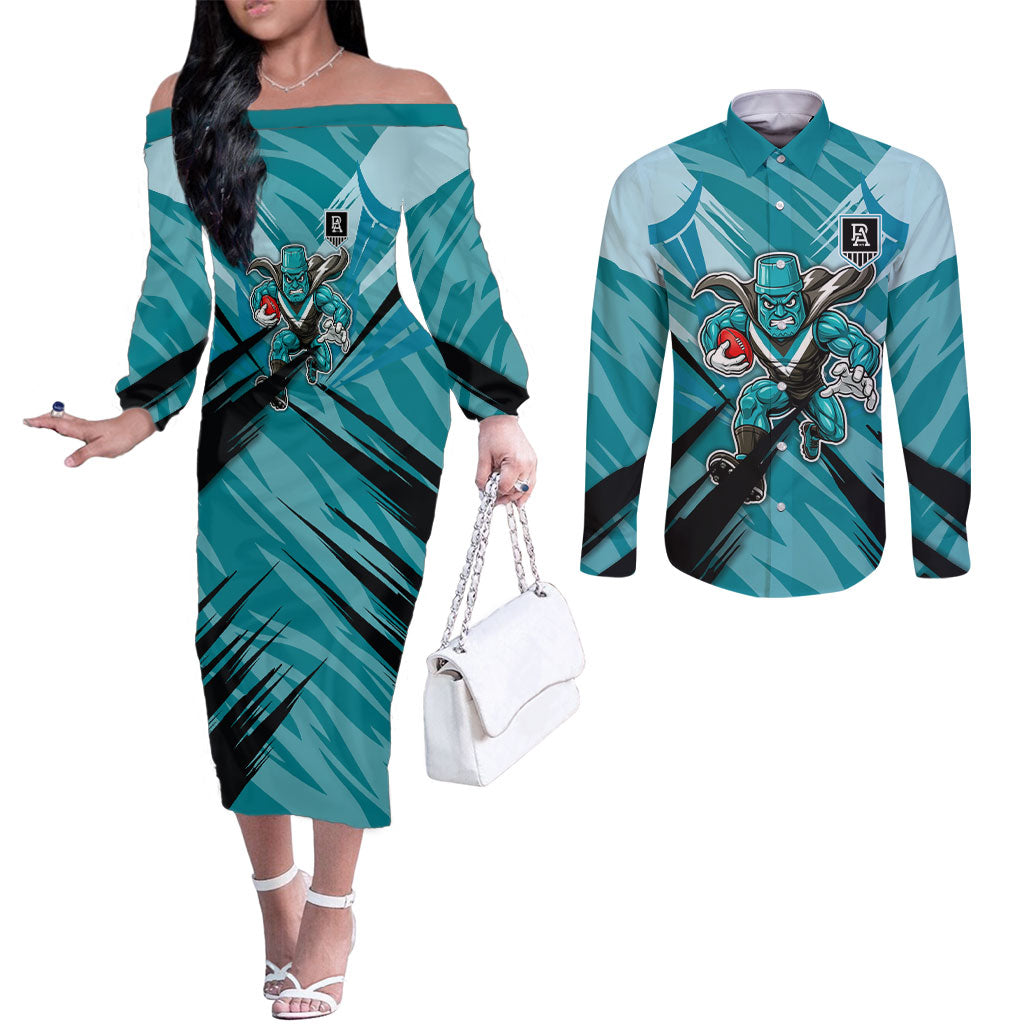 Port Adelaide Power Australian Football Couples Matching Off The Shoulder Long Sleeve Dress and Long Sleeve Button Shirt Powerful Superhero Mascot - Bold Team Colors