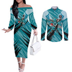Port Adelaide Power Australian Football Couples Matching Off The Shoulder Long Sleeve Dress and Long Sleeve Button Shirt Powerful Superhero Mascot - Bold Team Colors