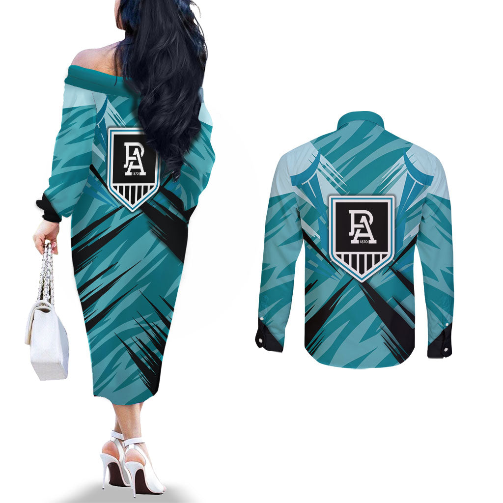 Port Adelaide Power Australian Football Couples Matching Off The Shoulder Long Sleeve Dress and Long Sleeve Button Shirt Powerful Superhero Mascot - Bold Team Colors