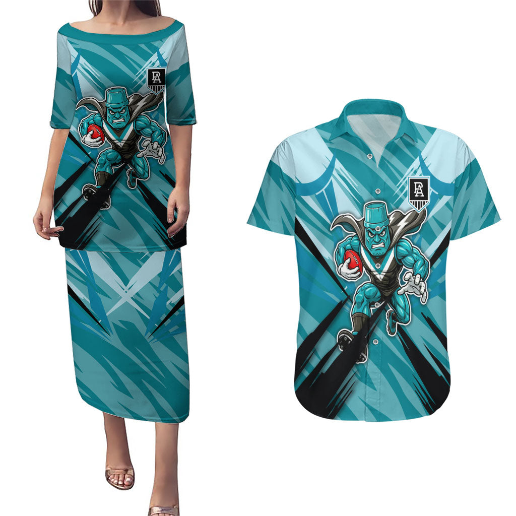 Port Adelaide Power Australian Football Couples Matching Puletasi and Hawaiian Shirt Powerful Superhero Mascot - Bold Team Colors