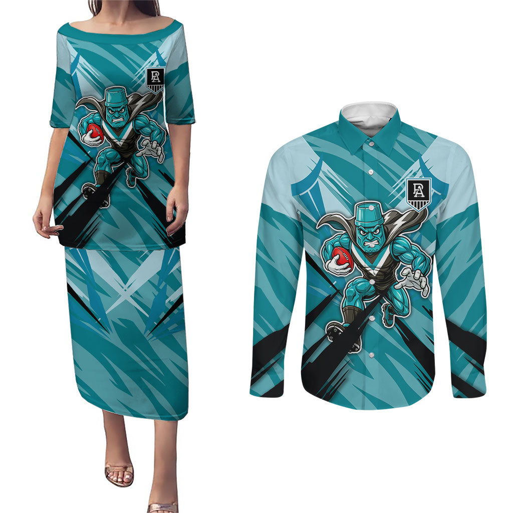 Port Adelaide Power Australian Football Couples Matching Puletasi and Long Sleeve Button Shirt Powerful Superhero Mascot - Bold Team Colors