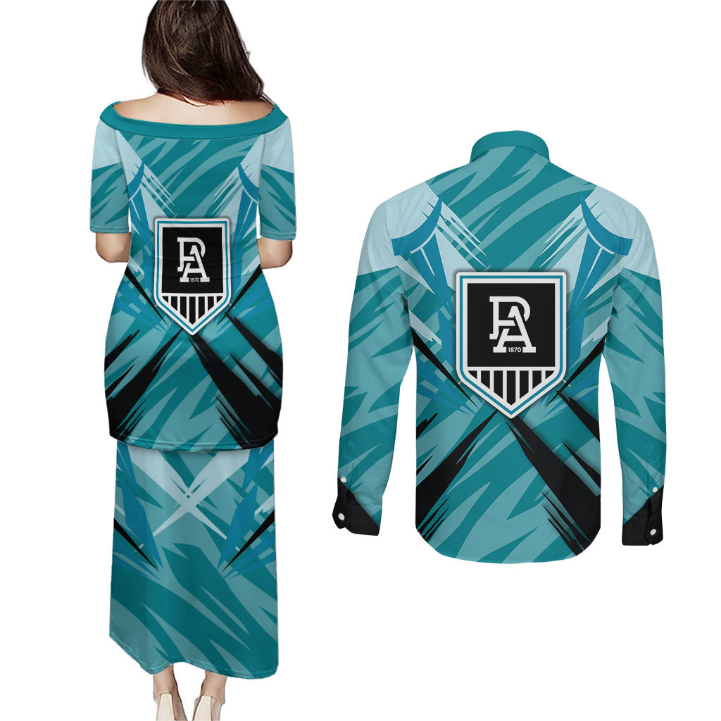 Port Adelaide Power Australian Football Couples Matching Puletasi and Long Sleeve Button Shirt Powerful Superhero Mascot - Bold Team Colors