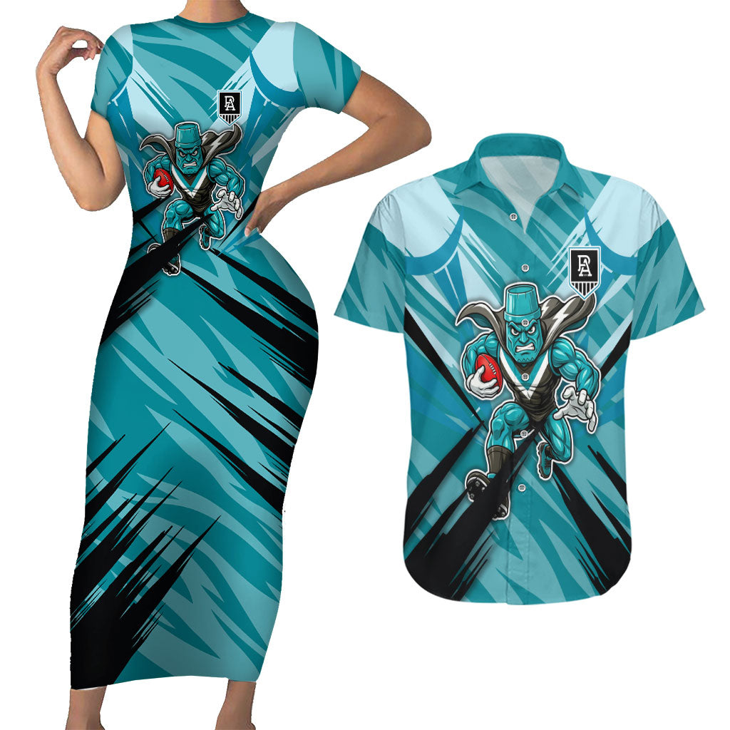 Port Adelaide Power Australian Football Couples Matching Short Sleeve Bodycon Dress and Hawaiian Shirt Powerful Superhero Mascot - Bold Team Colors