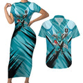 Port Adelaide Power Australian Football Couples Matching Short Sleeve Bodycon Dress and Hawaiian Shirt Powerful Superhero Mascot - Bold Team Colors