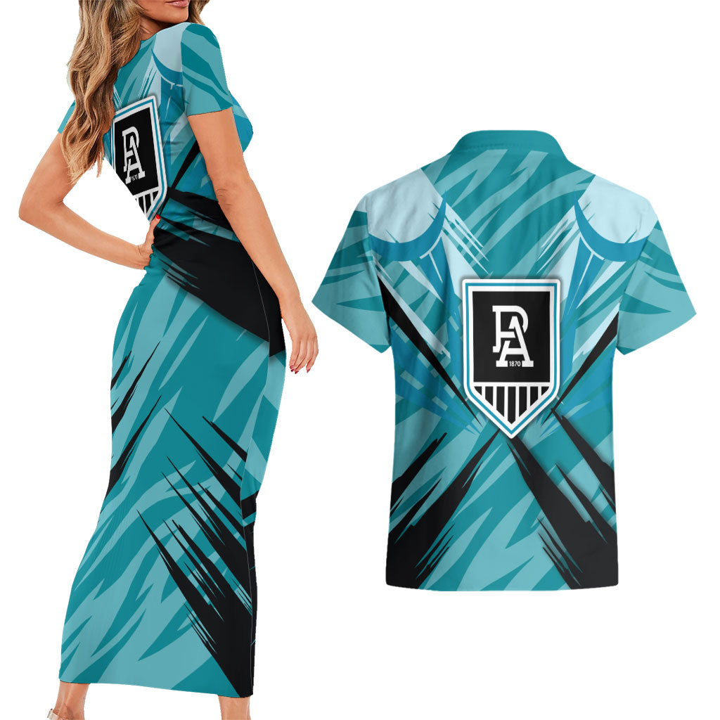 Port Adelaide Power Australian Football Couples Matching Short Sleeve Bodycon Dress and Hawaiian Shirt Powerful Superhero Mascot - Bold Team Colors