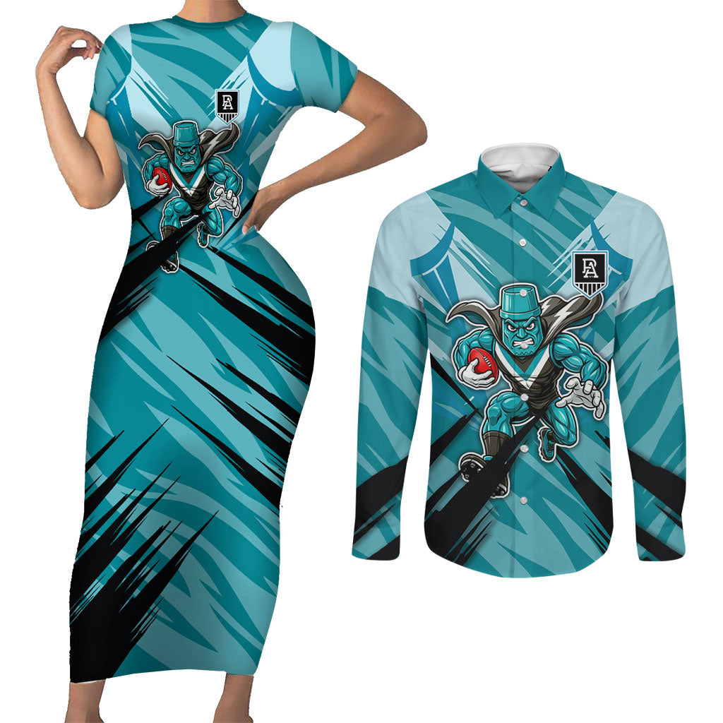 Port Adelaide Power Australian Football Couples Matching Short Sleeve Bodycon Dress and Long Sleeve Button Shirt Powerful Superhero Mascot - Bold Team Colors