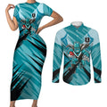 Port Adelaide Power Australian Football Couples Matching Short Sleeve Bodycon Dress and Long Sleeve Button Shirt Powerful Superhero Mascot - Bold Team Colors