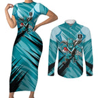 Port Adelaide Power Australian Football Couples Matching Short Sleeve Bodycon Dress and Long Sleeve Button Shirt Powerful Superhero Mascot - Bold Team Colors
