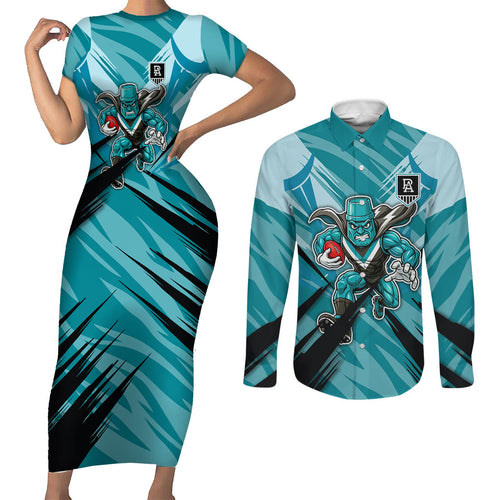 Port Adelaide Power Australian Football Couples Matching Short Sleeve Bodycon Dress and Long Sleeve Button Shirt Powerful Superhero Mascot - Bold Team Colors