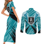 Port Adelaide Power Australian Football Couples Matching Short Sleeve Bodycon Dress and Long Sleeve Button Shirt Powerful Superhero Mascot - Bold Team Colors