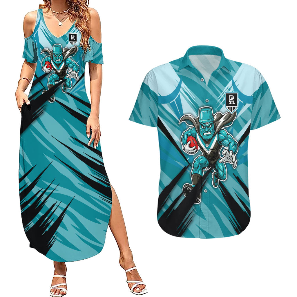 Port Adelaide Power Australian Football Couples Matching Summer Maxi Dress and Hawaiian Shirt Powerful Superhero Mascot - Bold Team Colors