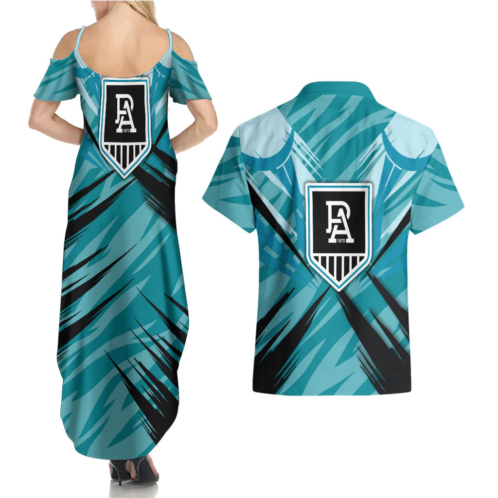 Port Adelaide Power Australian Football Couples Matching Summer Maxi Dress and Hawaiian Shirt Powerful Superhero Mascot - Bold Team Colors