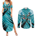 Port Adelaide Power Australian Football Couples Matching Summer Maxi Dress and Long Sleeve Button Shirt Powerful Superhero Mascot - Bold Team Colors