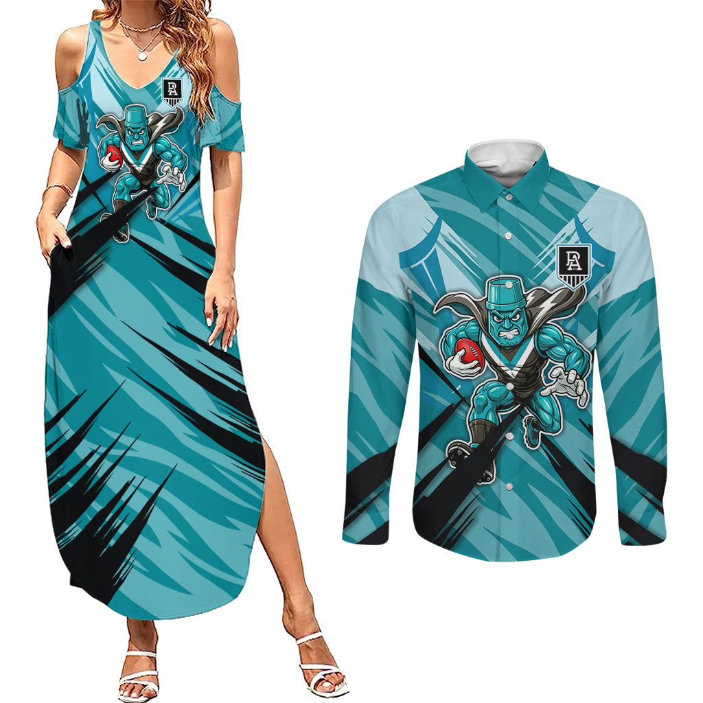 Port Adelaide Power Australian Football Couples Matching Summer Maxi Dress and Long Sleeve Button Shirt Powerful Superhero Mascot - Bold Team Colors