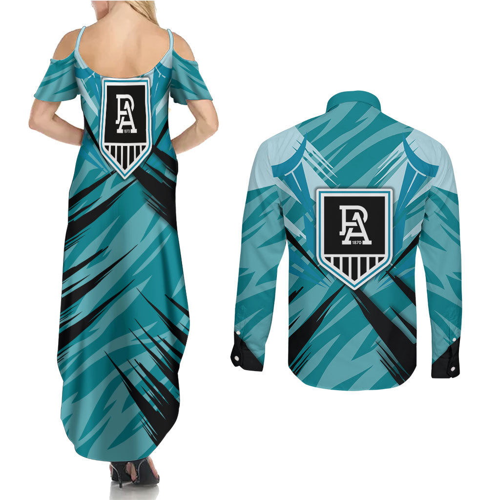 Port Adelaide Power Australian Football Couples Matching Summer Maxi Dress and Long Sleeve Button Shirt Powerful Superhero Mascot - Bold Team Colors