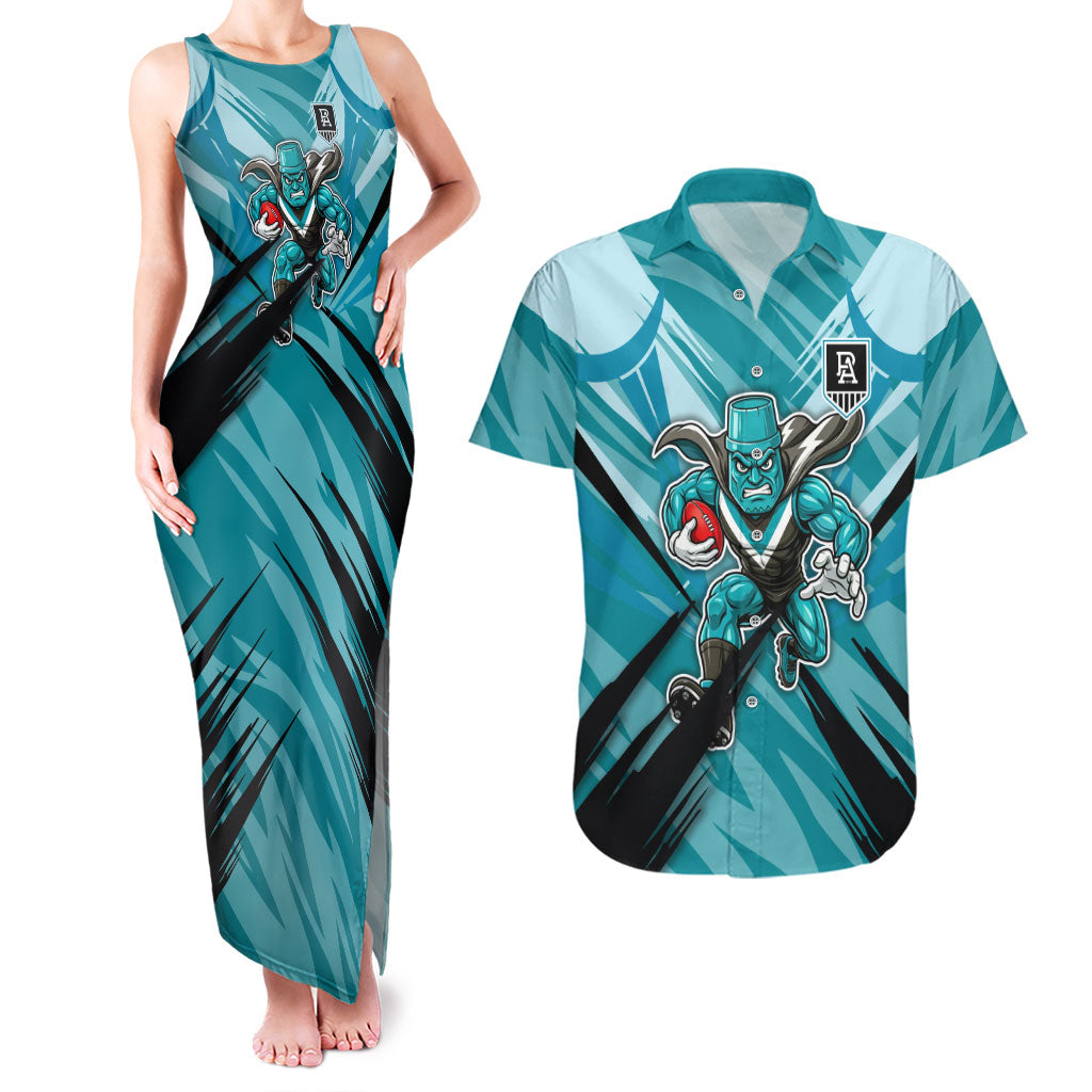 Port Adelaide Power Australian Football Couples Matching Tank Maxi Dress and Hawaiian Shirt Powerful Superhero Mascot - Bold Team Colors