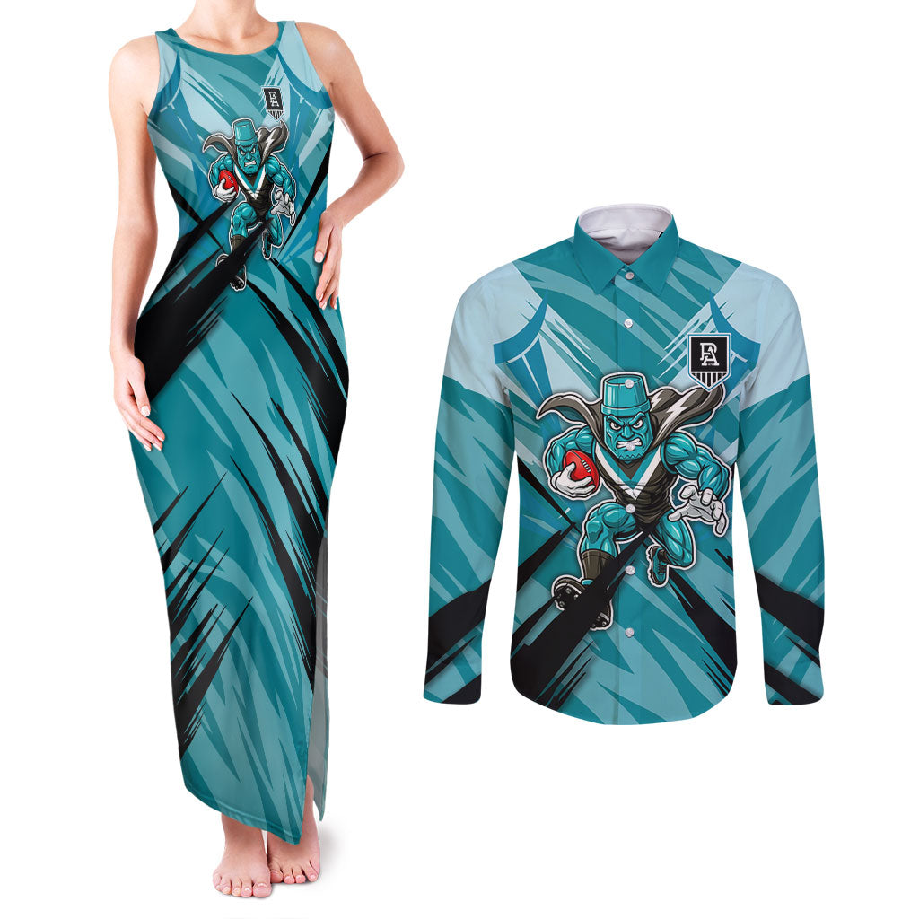 Port Adelaide Power Australian Football Couples Matching Tank Maxi Dress and Long Sleeve Button Shirt Powerful Superhero Mascot - Bold Team Colors