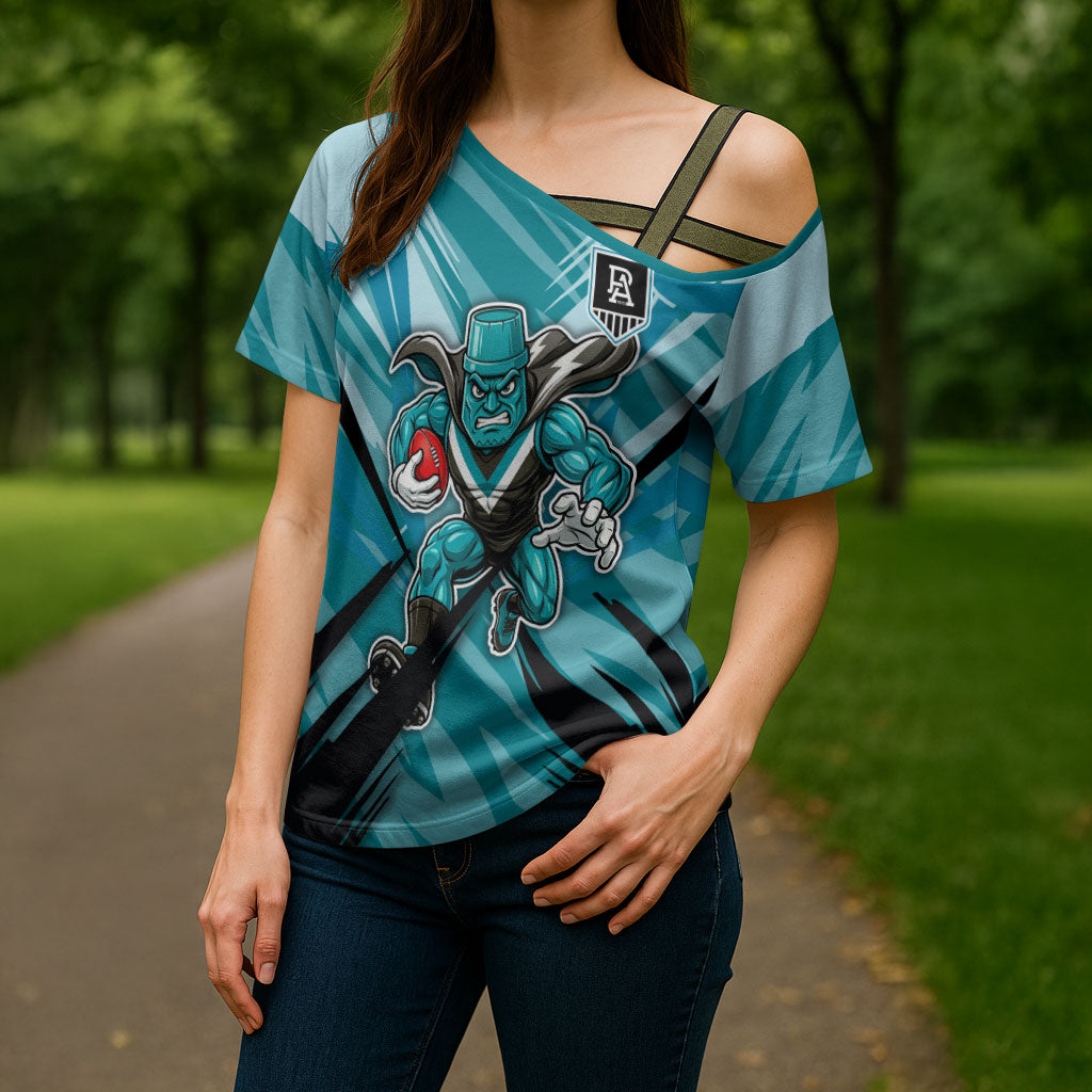 Port Adelaide Power Australian Football Cross Shoulder Shirt Powerful Superhero Mascot - Bold Team Colors
