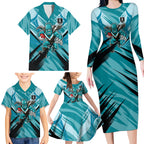 Port Adelaide Power Australian Football Family Matching Long Sleeve Bodycon Dress and Hawaiian Shirt Powerful Superhero Mascot - Bold Team Colors