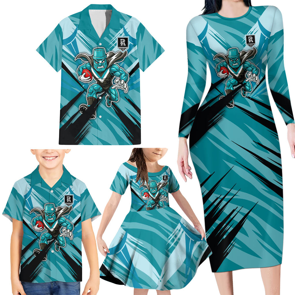 Port Adelaide Power Australian Football Family Matching Long Sleeve Bodycon Dress and Hawaiian Shirt Powerful Superhero Mascot - Bold Team Colors