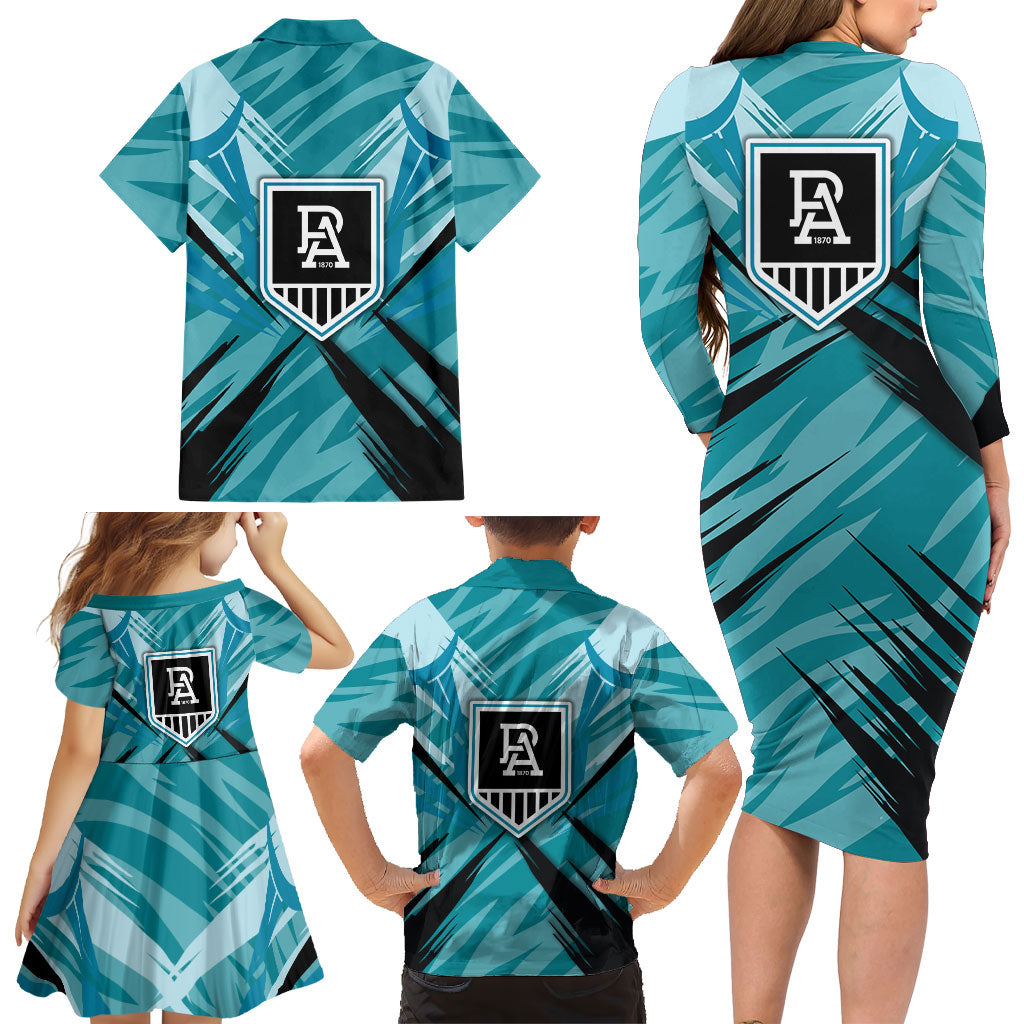 Port Adelaide Power Australian Football Family Matching Long Sleeve Bodycon Dress and Hawaiian Shirt Powerful Superhero Mascot - Bold Team Colors