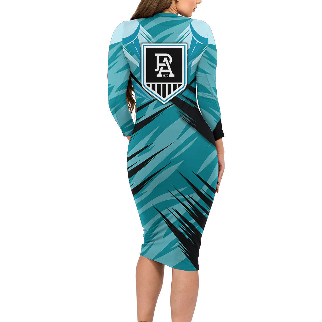 Port Adelaide Power Australian Football Family Matching Long Sleeve Bodycon Dress and Hawaiian Shirt Powerful Superhero Mascot - Bold Team Colors