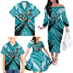 Port Adelaide Power Australian Football Family Matching Off The Shoulder Long Sleeve Dress and Hawaiian Shirt Powerful Superhero Mascot - Bold Team Colors