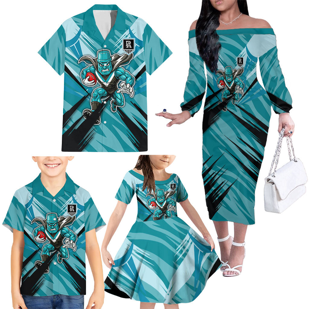 Port Adelaide Power Australian Football Family Matching Off The Shoulder Long Sleeve Dress and Hawaiian Shirt Powerful Superhero Mascot - Bold Team Colors