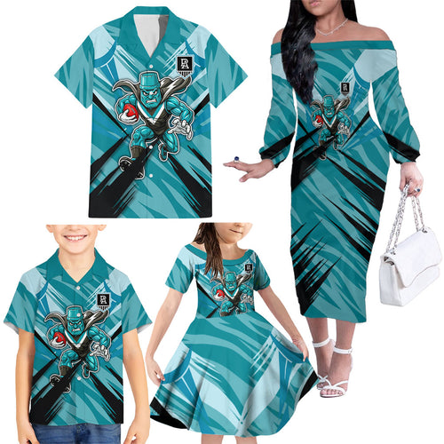 Port Adelaide Power Australian Football Family Matching Off The Shoulder Long Sleeve Dress and Hawaiian Shirt Powerful Superhero Mascot - Bold Team Colors