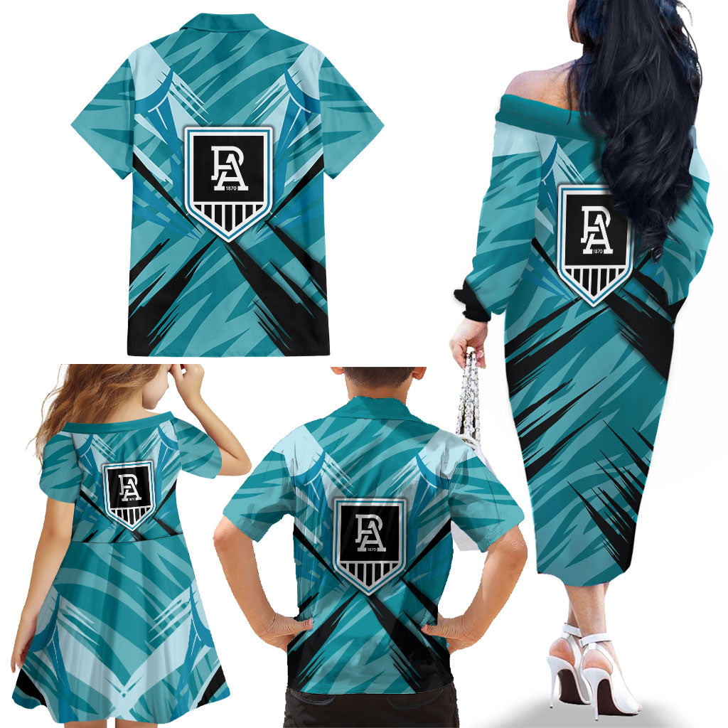 Port Adelaide Power Australian Football Family Matching Off The Shoulder Long Sleeve Dress and Hawaiian Shirt Powerful Superhero Mascot - Bold Team Colors