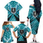 Port Adelaide Power Australian Football Family Matching Off The Shoulder Long Sleeve Dress and Hawaiian Shirt Powerful Superhero Mascot - Bold Team Colors
