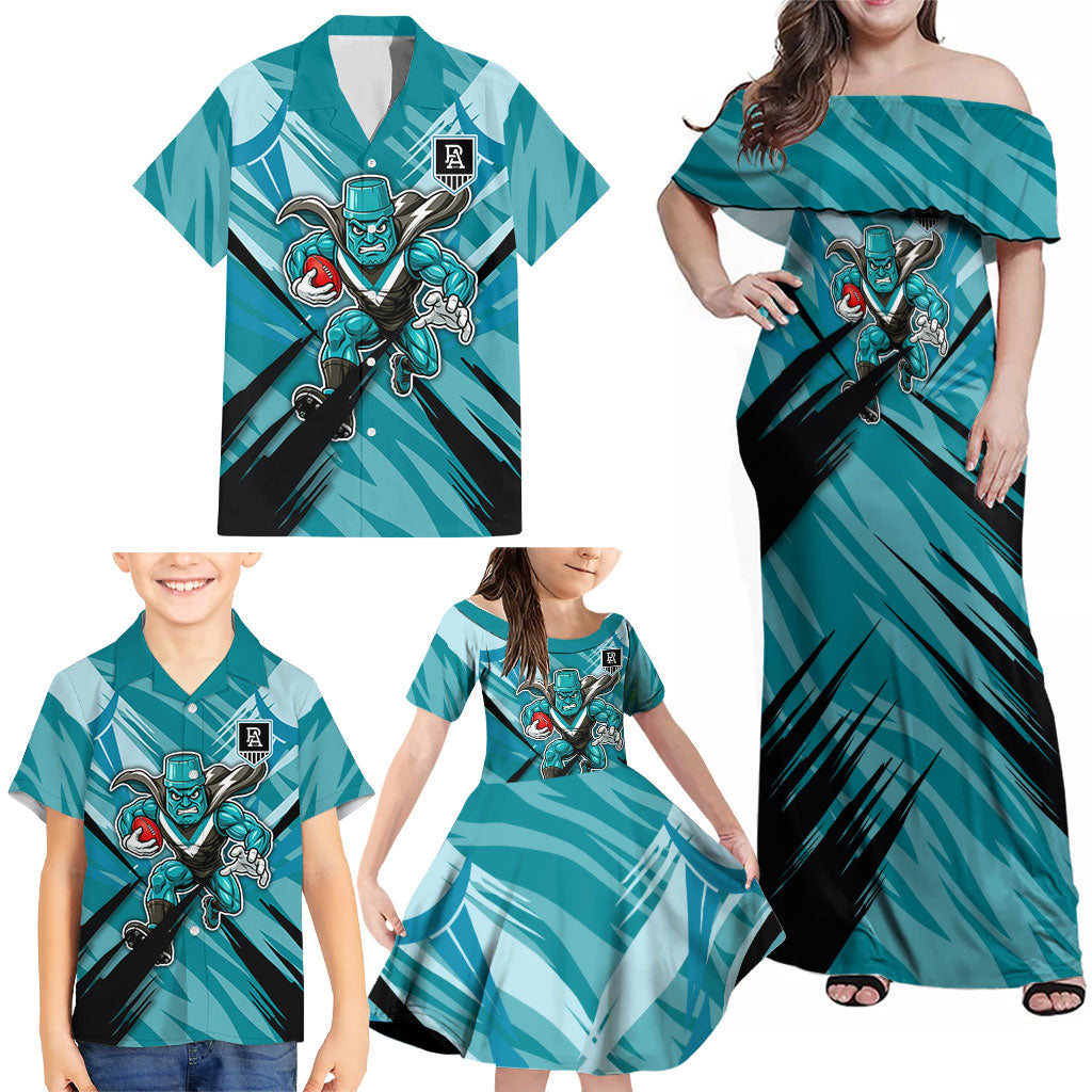 Port Adelaide Power Australian Football Family Matching Off Shoulder Maxi Dress and Hawaiian Shirt Powerful Superhero Mascot - Bold Team Colors
