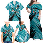 Port Adelaide Power Australian Football Family Matching Off Shoulder Maxi Dress and Hawaiian Shirt Powerful Superhero Mascot - Bold Team Colors