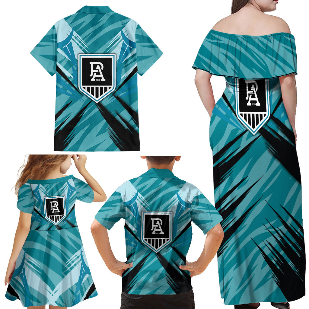 Port Adelaide Power Australian Football Family Matching Off Shoulder Maxi Dress and Hawaiian Shirt Powerful Superhero Mascot - Bold Team Colors