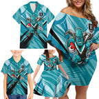 Port Adelaide Power Australian Football Family Matching Off Shoulder Short Dress and Hawaiian Shirt Powerful Superhero Mascot - Bold Team Colors