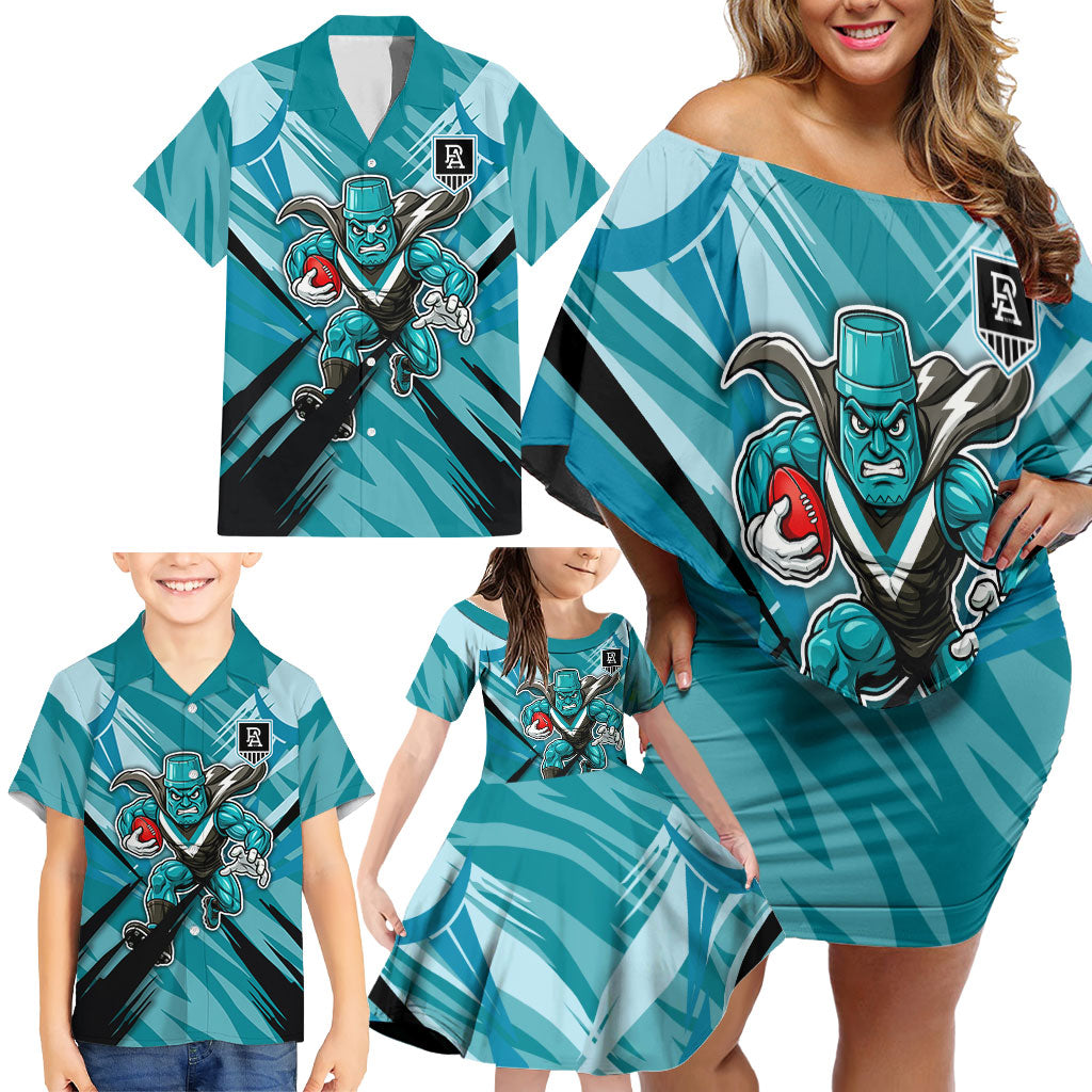 Port Adelaide Power Australian Football Family Matching Off Shoulder Short Dress and Hawaiian Shirt Powerful Superhero Mascot - Bold Team Colors