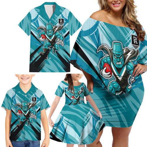 Port Adelaide Power Australian Football Family Matching Off Shoulder Short Dress and Hawaiian Shirt Powerful Superhero Mascot - Bold Team Colors