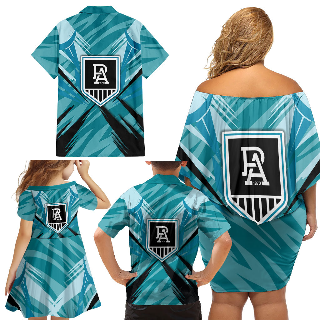 Port Adelaide Power Australian Football Family Matching Off Shoulder Short Dress and Hawaiian Shirt Powerful Superhero Mascot - Bold Team Colors