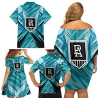 Port Adelaide Power Australian Football Family Matching Off Shoulder Short Dress and Hawaiian Shirt Powerful Superhero Mascot - Bold Team Colors