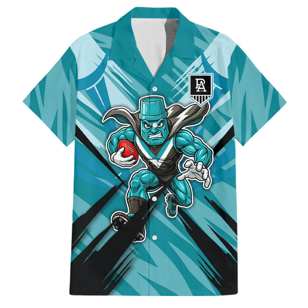 Port Adelaide Power Australian Football Family Matching Off Shoulder Short Dress and Hawaiian Shirt Powerful Superhero Mascot - Bold Team Colors