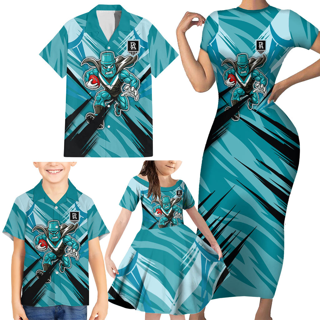 Port Adelaide Power Australian Football Family Matching Short Sleeve Bodycon Dress and Hawaiian Shirt Powerful Superhero Mascot - Bold Team Colors