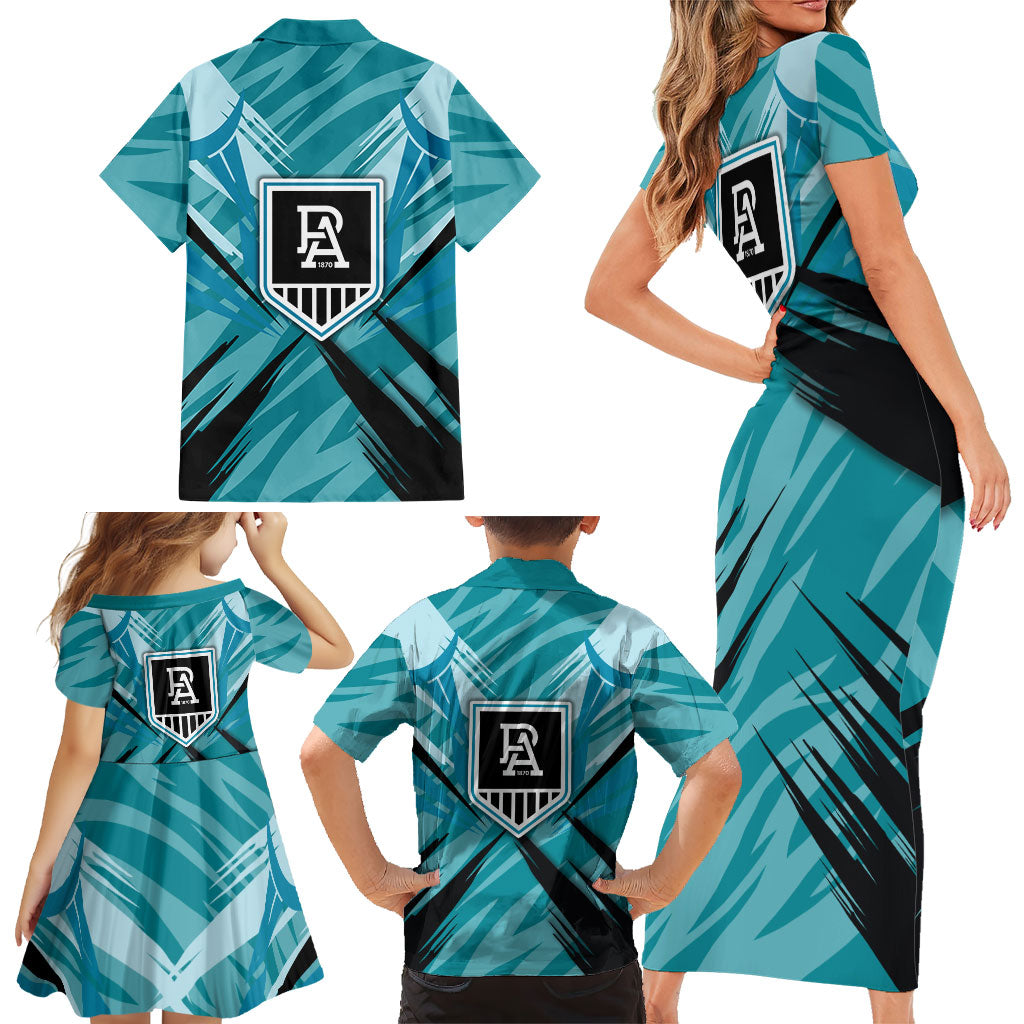 Port Adelaide Power Australian Football Family Matching Short Sleeve Bodycon Dress and Hawaiian Shirt Powerful Superhero Mascot - Bold Team Colors