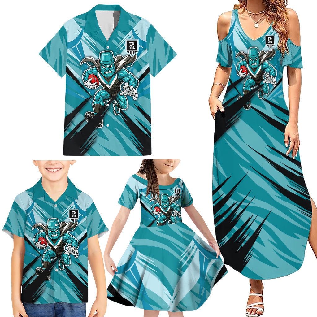 Port Adelaide Power Australian Football Family Matching Summer Maxi Dress and Hawaiian Shirt Powerful Superhero Mascot - Bold Team Colors